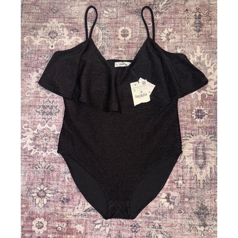 ZARA KNIT Black Metallic Ruffle Cold Shoulder Spaghetti Strap Bodysuit L NWT